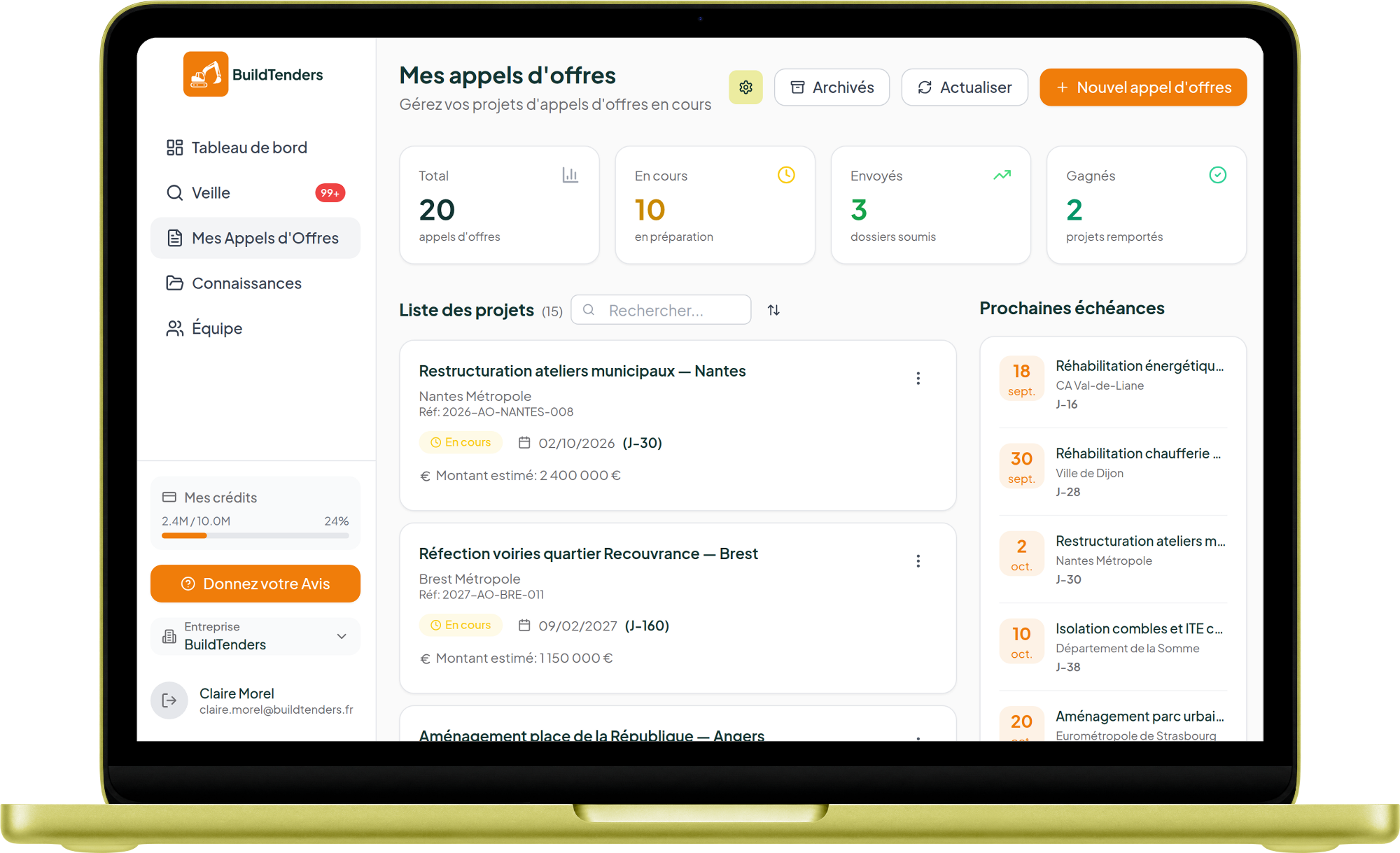 BuildTenders sur MacBook — suivi des appels d'offres